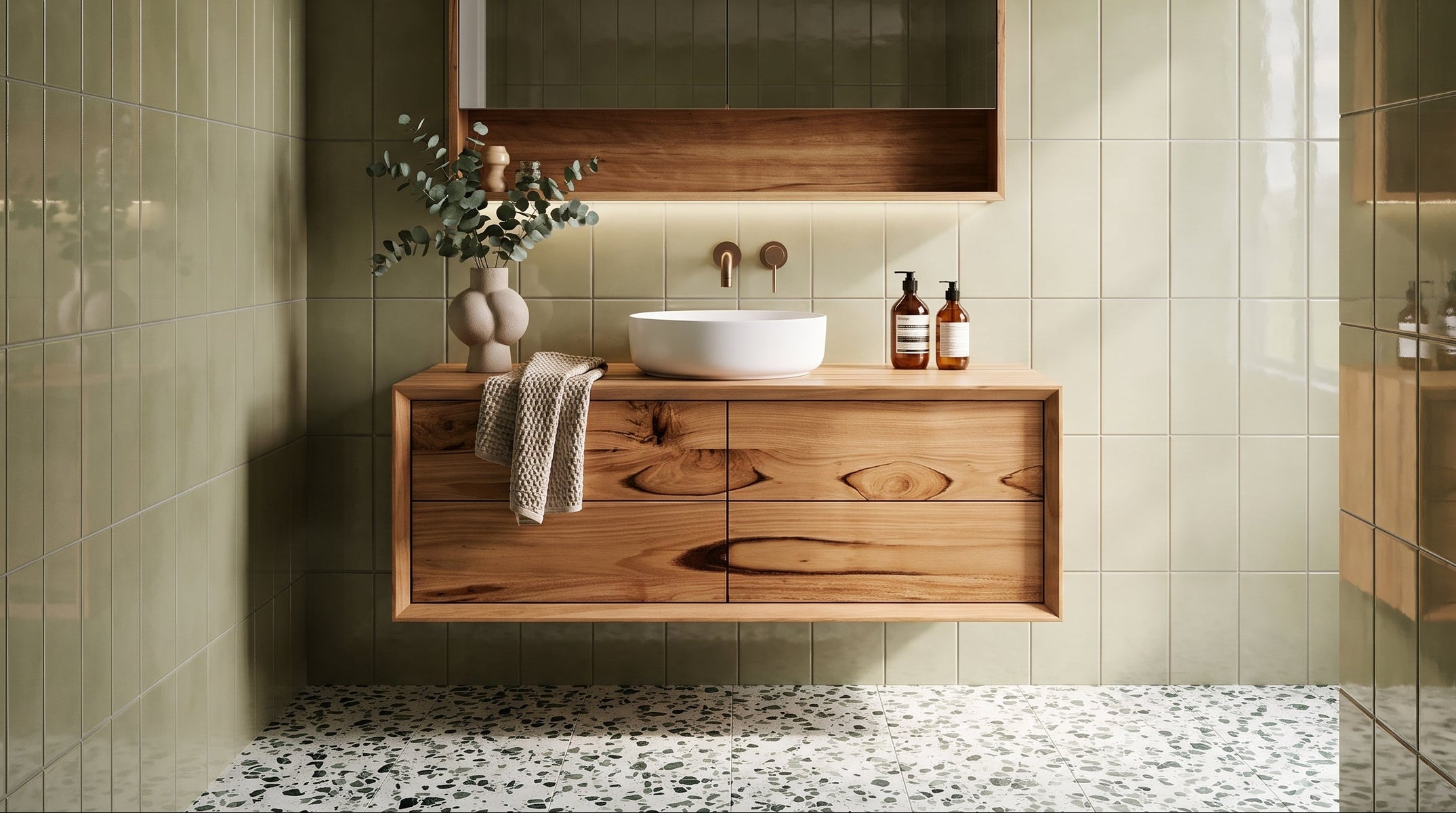 Bathroom with wooden vanity, sink, and decorative elements.